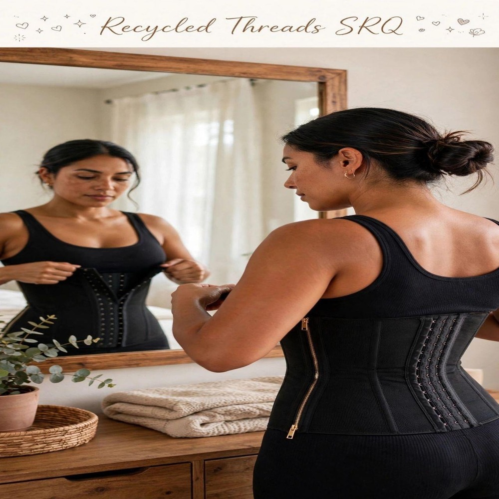 Black Waist Cincher Corset Body Shaper Tummy Tuck Hook Eye Zipper Gold Large